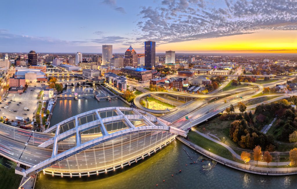 Rochester, New York, USA cityscape on the Genesee River.